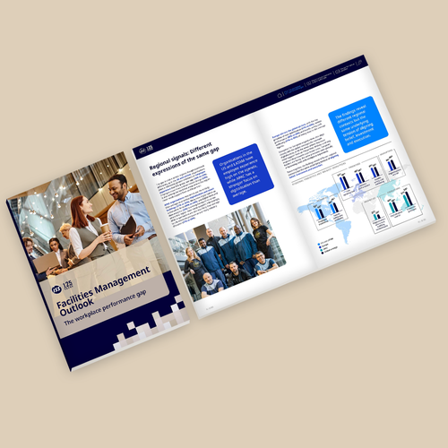 Aufgeschlagener ISS Facilities Management Outlook Report mit Grafiken und Analysen zum Workplace Performance Gap