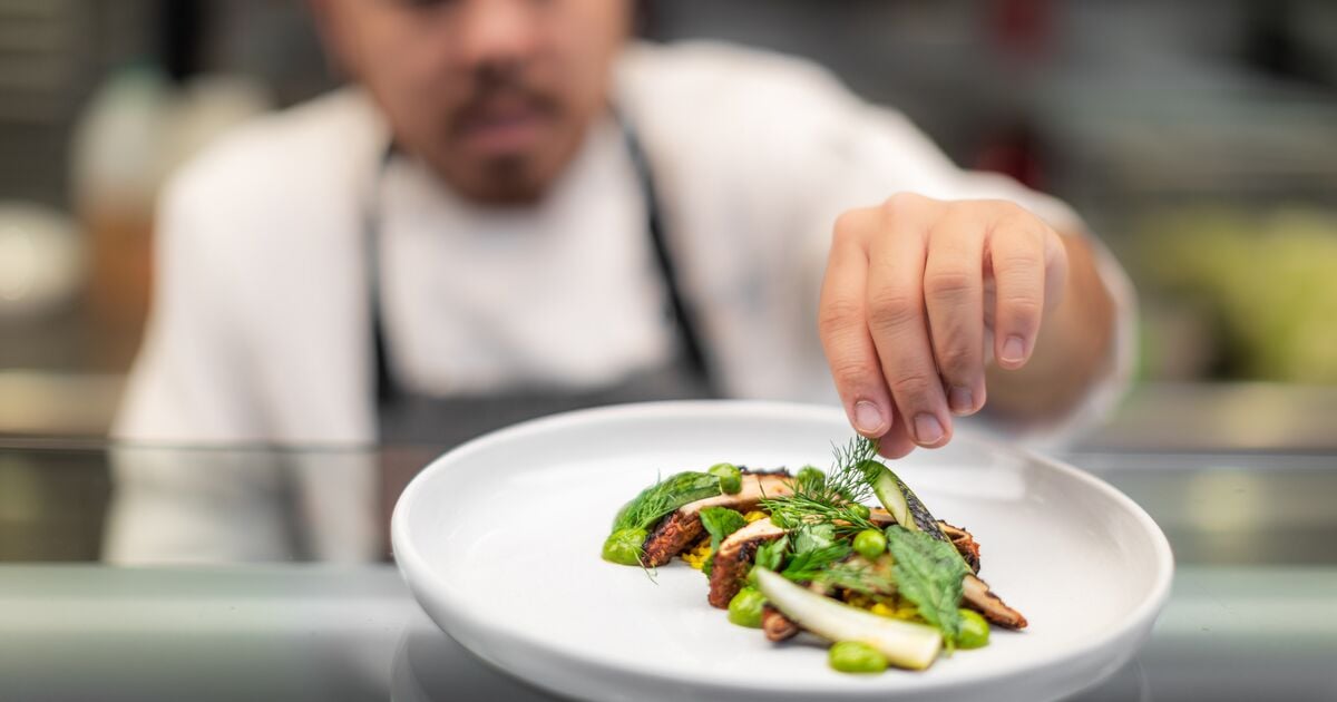 Person bestreut ein angerichtetes Gericht auf einem weißen Teller mit frischen Kräutern in einer gastronomischen Umgebung