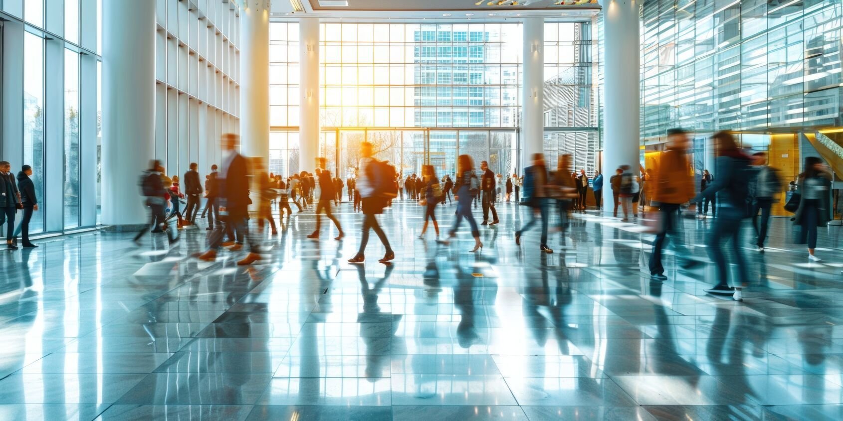 Menschen bewegen sich durch die Eingangshalle eines modernen Bürogebäudes mit großflächiger Glasfassade und hoher Besucherfrequenz.